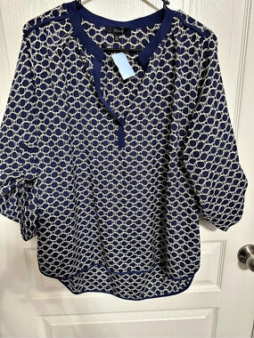 Eclat Geometric Blouse in Blue & Gold Size XL NWT
